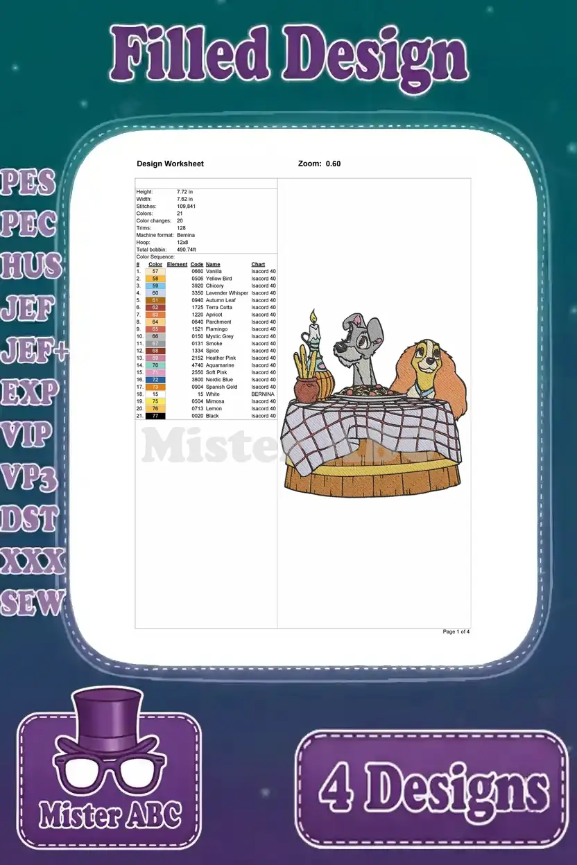 Design worksheet for the iconic 'Lady and Tramp spaghetti scene' filled embroidery design, with stitch count and colors.