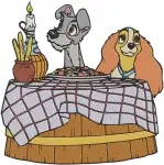Lady And The Tramp - Lady Tramp Puppies Spaghetti Dinner - Iconic Romance And Family Scene - Filled Embroidery Design - 3553