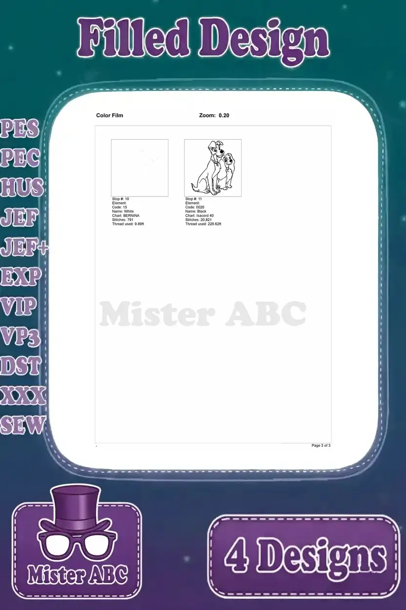 Second page of the color film for a Lady and Tramp embroidery design, showing final stitching steps and outline details.