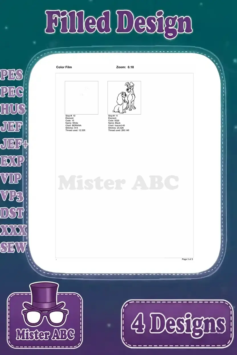 Second page of the color film for the fourth Lady and Tramp embroidery design, showing final stitching details.