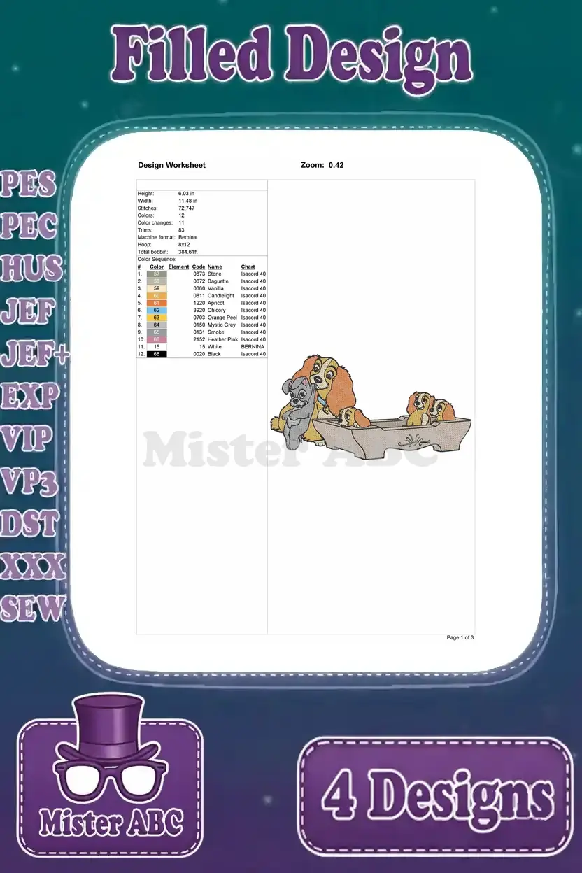 Detailed design worksheet for Lady, Scamp, and a puppy in a boat, showing stitch count and color sequence.