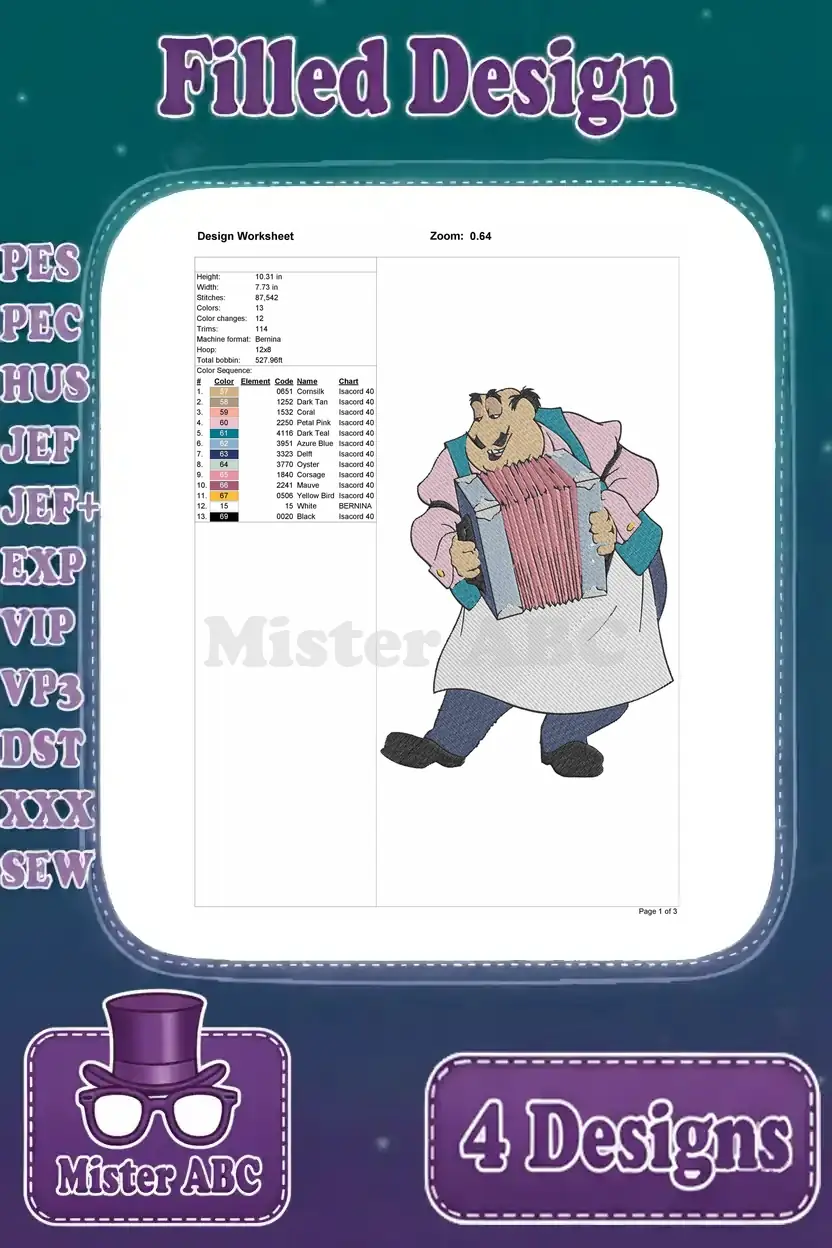 Design worksheet for Tony, the accordion player, detailing stitch count, dimensions, and precise color sequence.