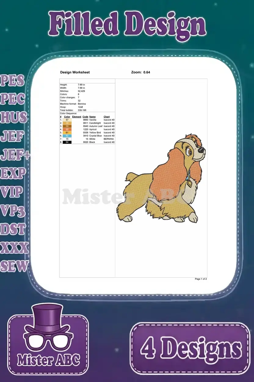 Design worksheet for Lady (standing), detailing stitch count, dimensions, and comprehensive color sequence.