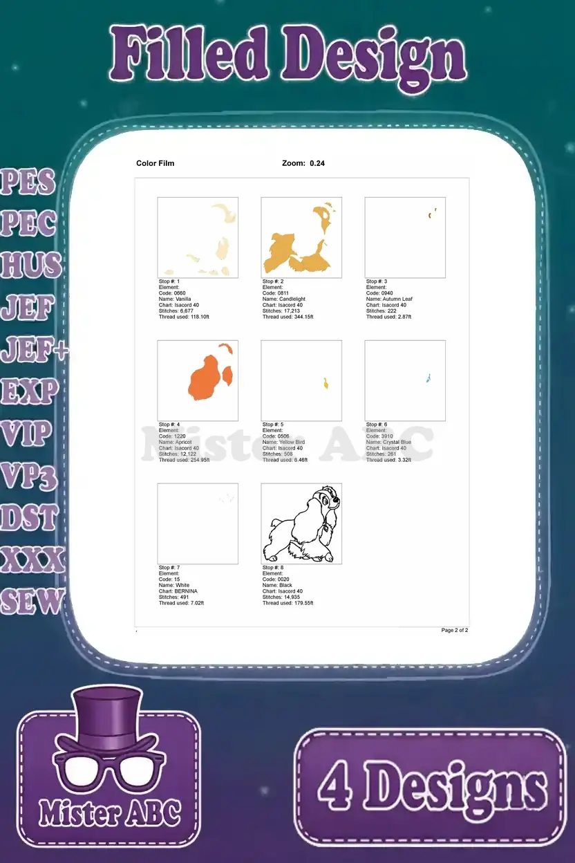 First page of the color film for Lady (standing) embroidery design, showing all necessary stitch stops.