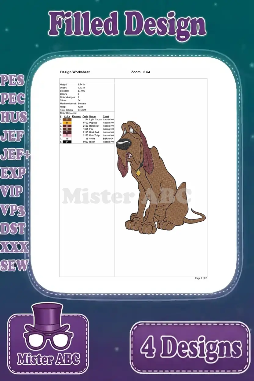Detailed design worksheet for the sitting Fred the Bloodhound embroidery, displaying stitch count and color chart.
