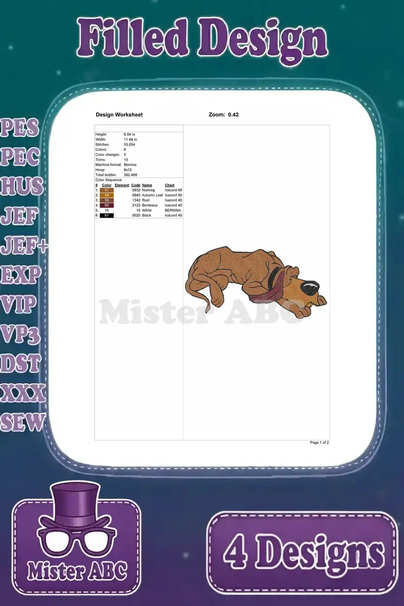 Detailed design worksheet for the sleeping Fred the Bloodhound embroidery, showing stitch count and color chart.
