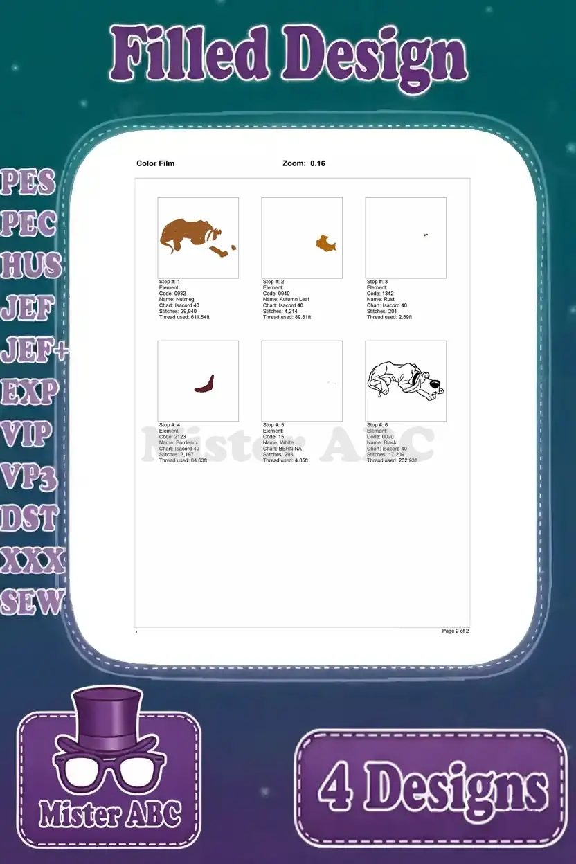 Color film breakdown for the sleeping Fred the Bloodhound design, detailing each stitch stop and color layer.