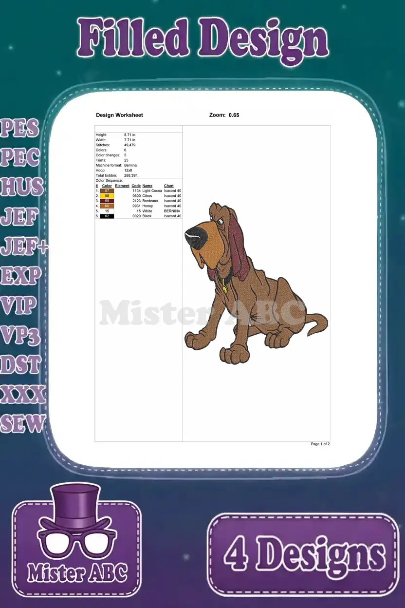 Detailed design worksheet for the third Fred the Bloodhound embroidery design, outlining stitch count and colors.