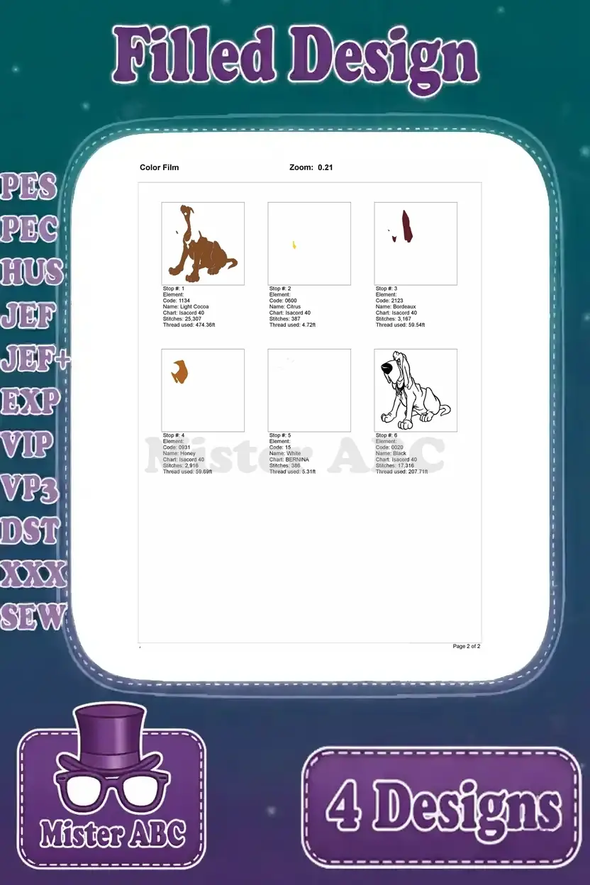 Color film breakdown for the third Fred the Bloodhound design, detailing each stitch stop and color layer.
