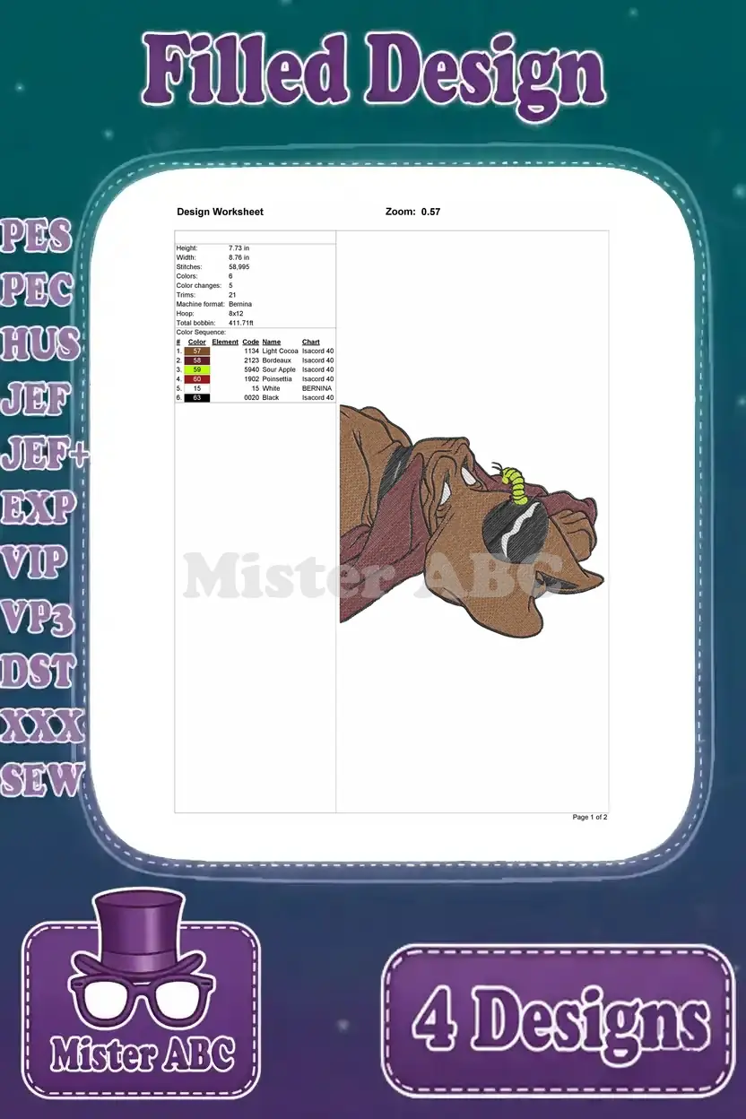 Detailed design worksheet for the Fred the Bloodhound embroidery with a worm on his nose, outlining stitch details.