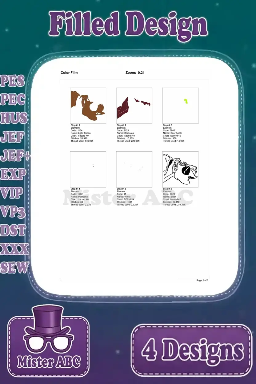 Color film breakdown for the Fred the Bloodhound design with a worm, detailing each stitch stop and color layer.