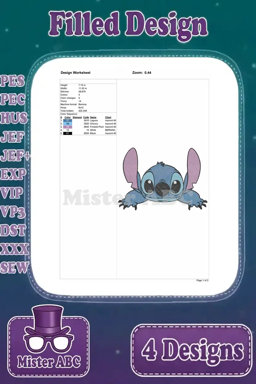 Embroidery design worksheet for Stitch peeking over, detailing thread colors, stitch counts, and design dimensions.