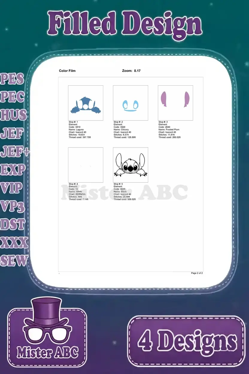 First page of the color film for Stitch peeking over embroidery, showing initial color stops and stitch progression.