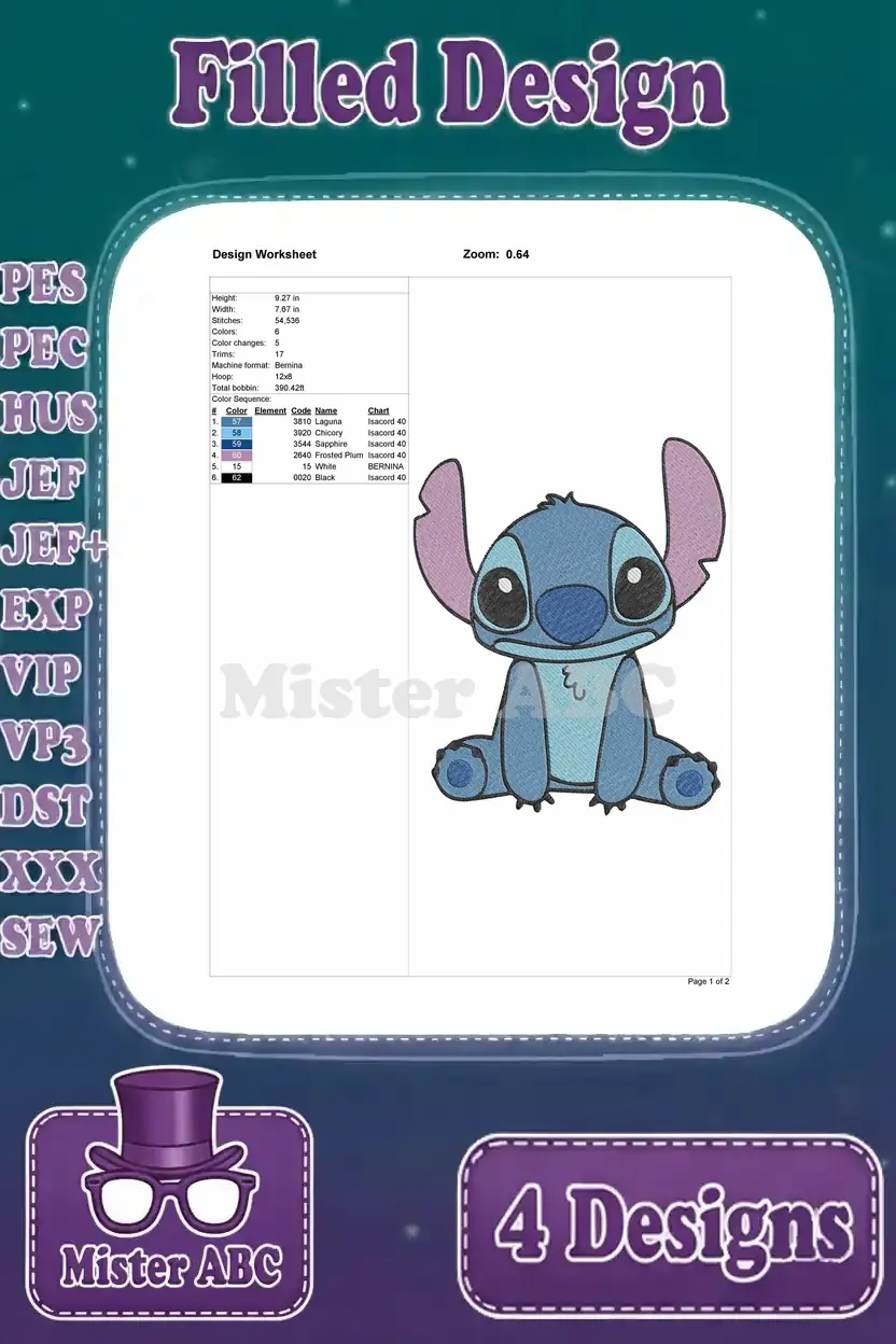 Embroidery design worksheet for Stitch sitting, detailing thread colors, stitch counts, and design dimensions.