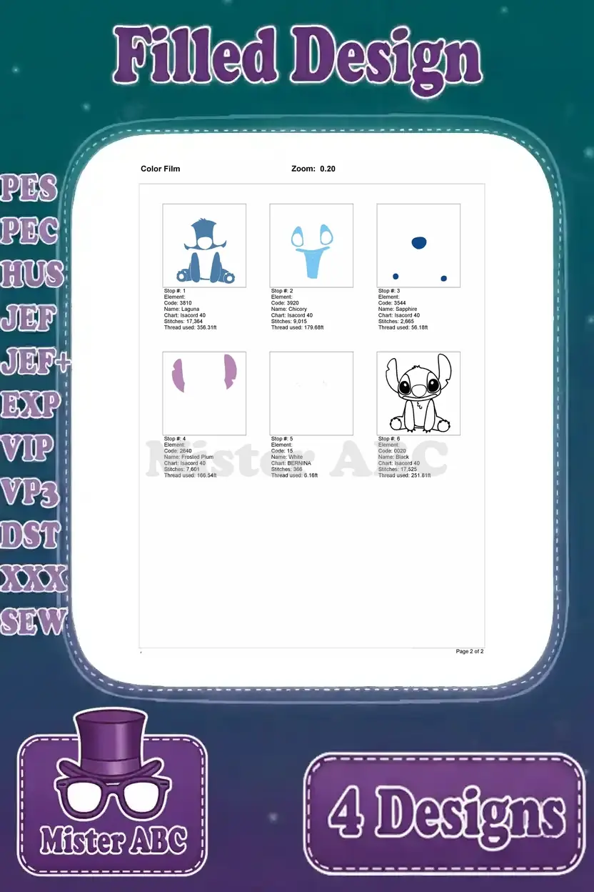 First page of the color film for Stitch sitting embroidery, showing initial color stops and stitch progression.