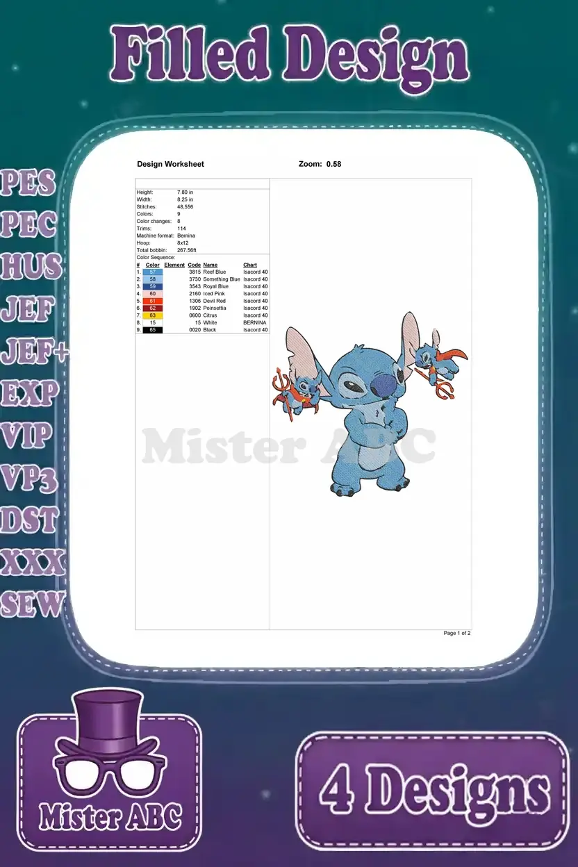 Embroidery design worksheet for Stitch with small creatures, detailing thread colors, stitch counts, and design dimensions.