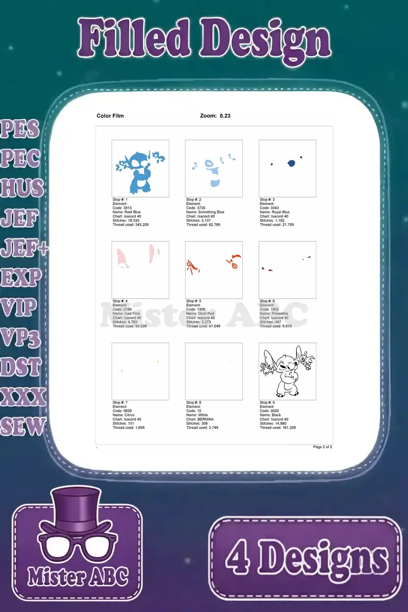 First page of the color film for Stitch with small creatures embroidery, showing initial color stops and stitch progression.