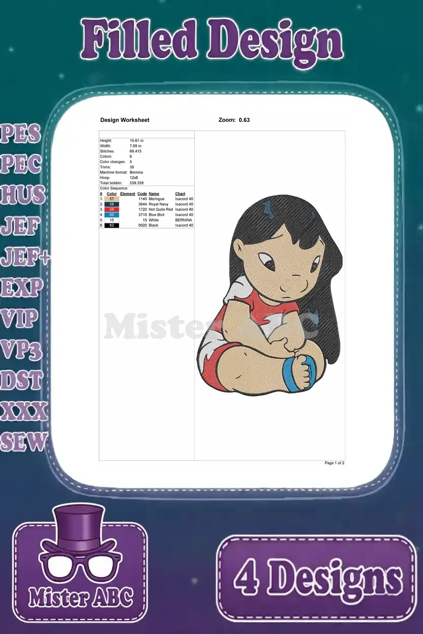 Design worksheet for Lilo Pelekai sitting, detailing stitch count, dimensions, and thread color sequence for embroidery.