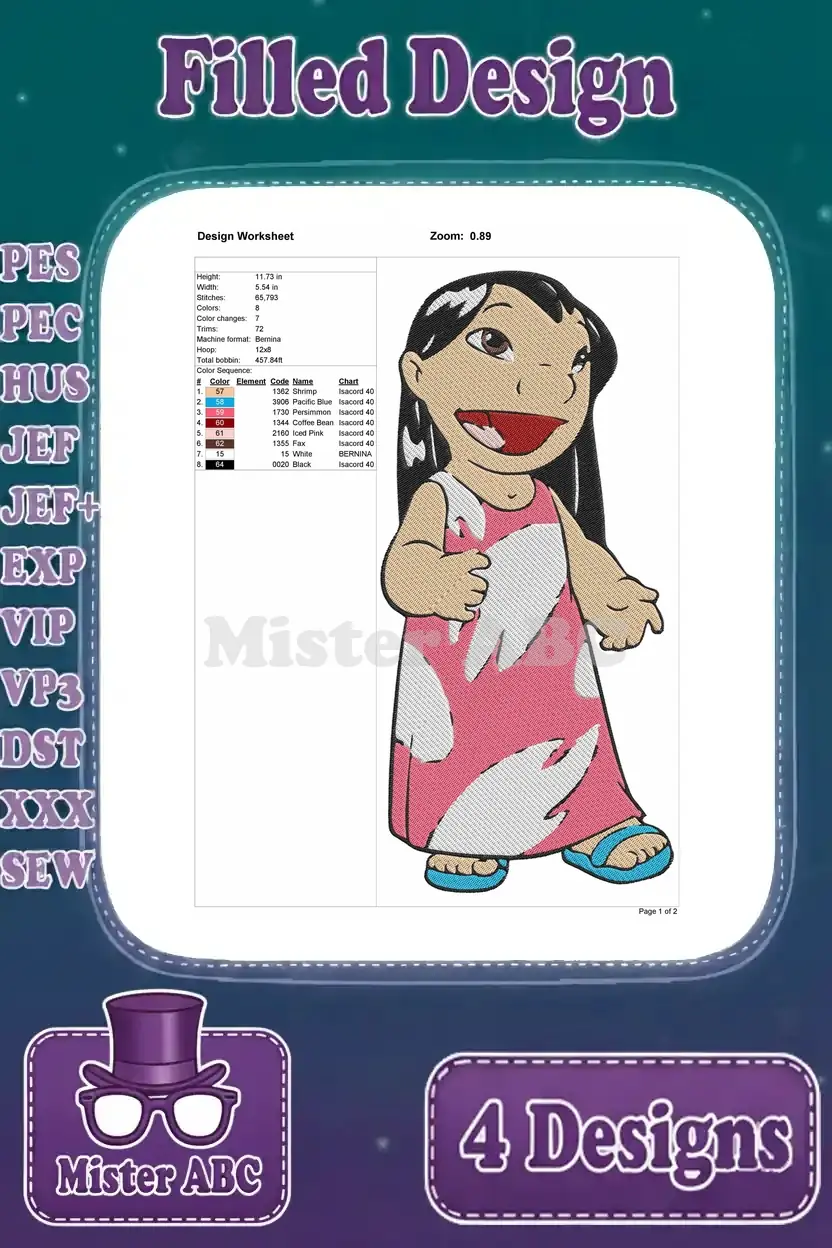 Design worksheet for Lilo Pelekai standing, detailing stitch count, dimensions, and thread color sequence for embroidery.