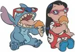 Disney Lilo Stitch With Lilo Picnic Eating Hula Dancing Flower Lei Friends - Filled Embroidery Design - 3673