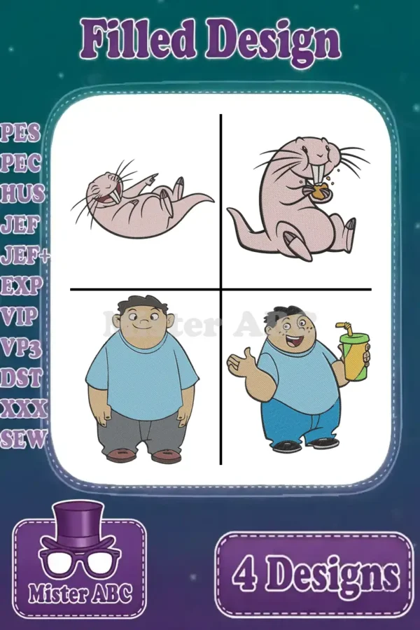 Four filled embroidery designs: Rufus laughing, Rufus eating, Young Ron standing, and Young Ron with a drink.