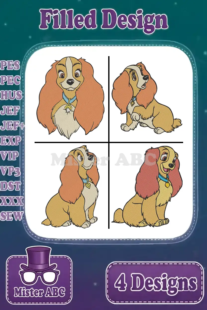Four vibrant, filled embroidery designs of Lady from Lady and the Tramp in various charming poses. Perfect for fans.