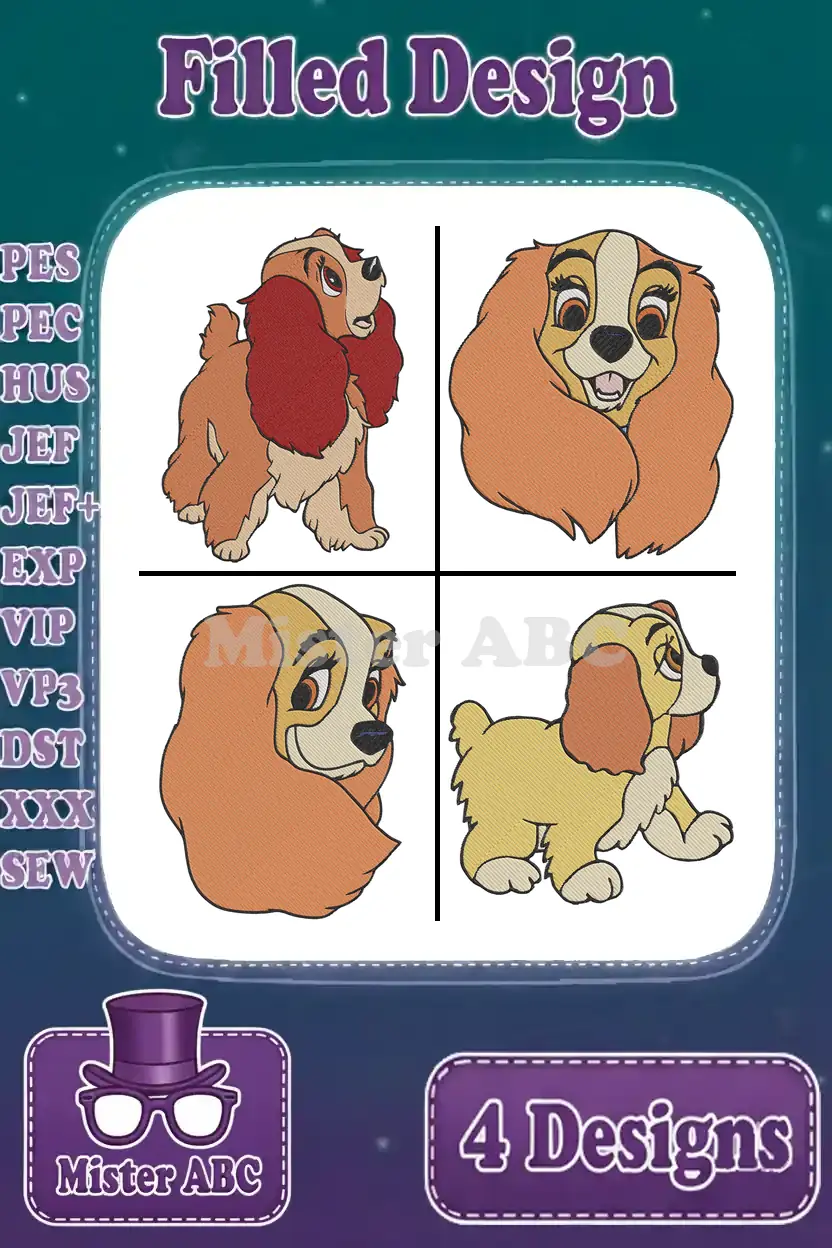 Main product image showing four distinct filled embroidery designs of Lady, the cocker spaniel, in various poses. Supported file formats are listed on the left.