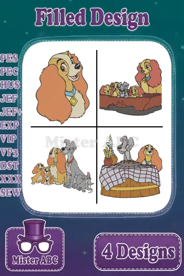 Four charming filled embroidery designs featuring Lady, Tramp, and their adorable puppies, perfect for Disney fans and crafters.