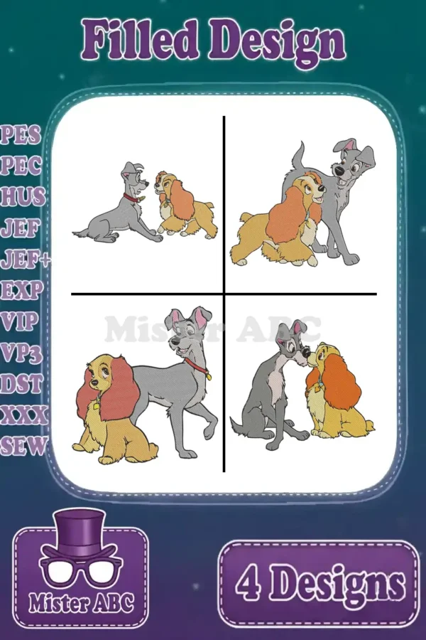 Four charming filled embroidery designs of Lady and Tramp in various poses, showcasing their loving bond.