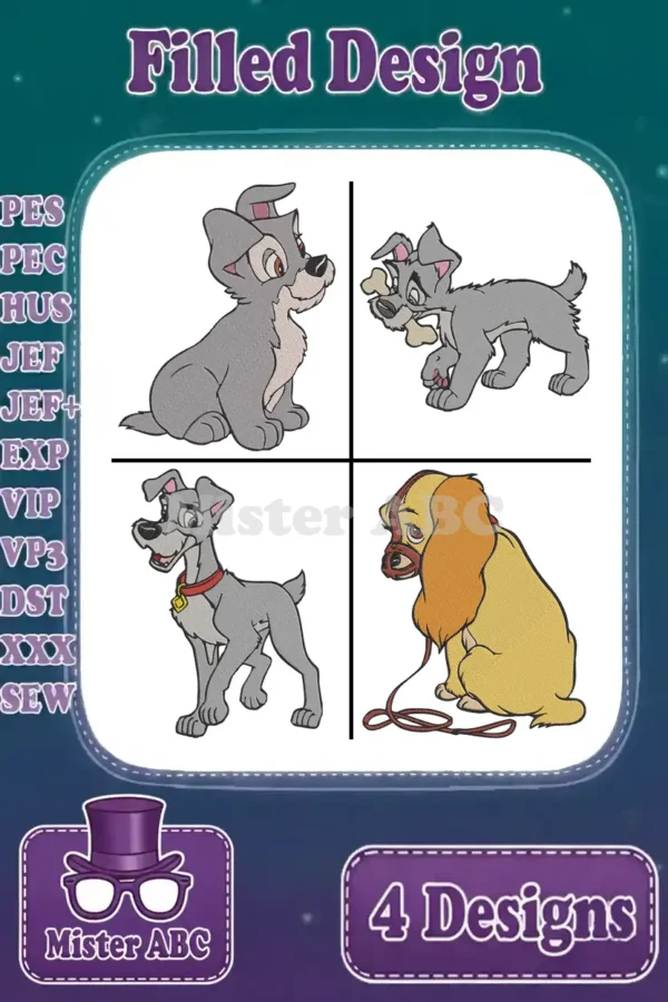 A main product image displaying a bundle of four filled embroidery designs featuring beloved Disney dogs: Tramp and Lady.