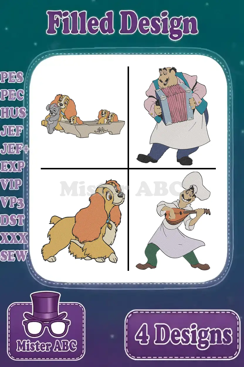 A vibrant display of four filled embroidery designs featuring Lady, Scamp, Tony, and Joe from Disney's classic.