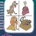 Lady And The Tramp - Jock The Terrier - Aunt Sarah With Basket - Lady Dog - Classic Disney Cast - Filled Embroidery Design - Instant Download