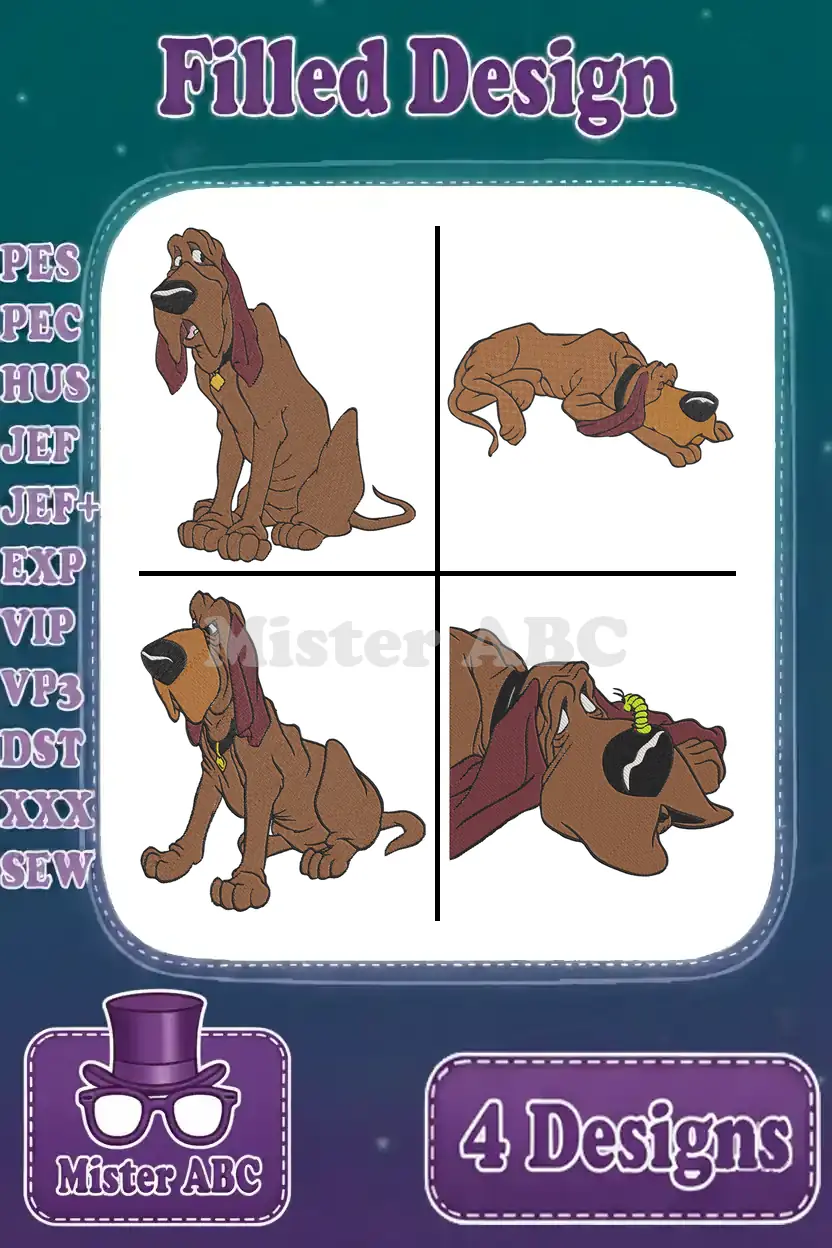 A vibrant collage of four distinct Fred the Bloodhound filled embroidery designs, showcasing various playful poses.