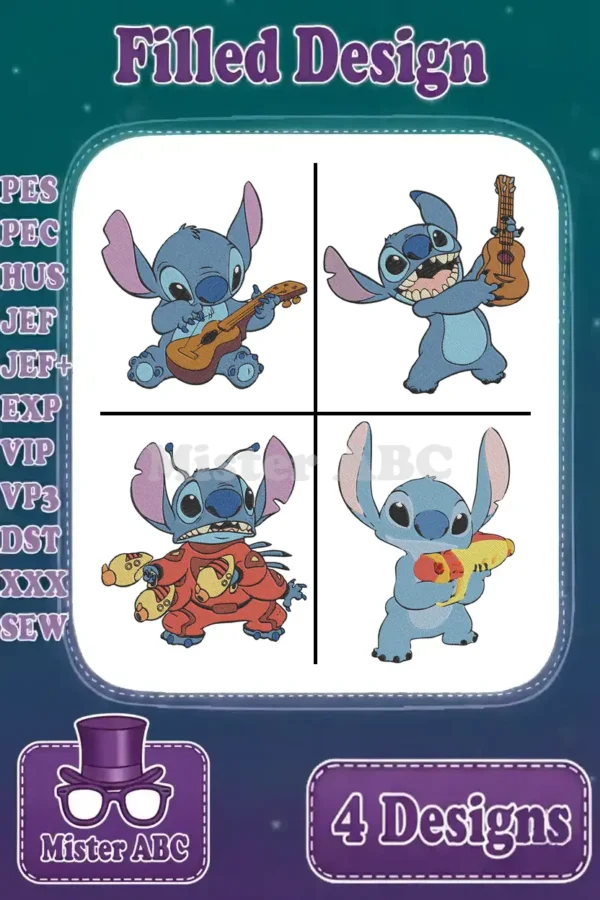A vibrant collection of four filled embroidery designs featuring Disney's Stitch in various playful poses.