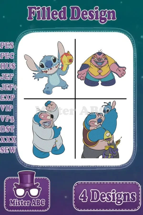 Four vibrant Lilo & Stitch filled embroidery designs: Stitch with water gun, Reuben, Experiment 627, and Stitch with Sparky.