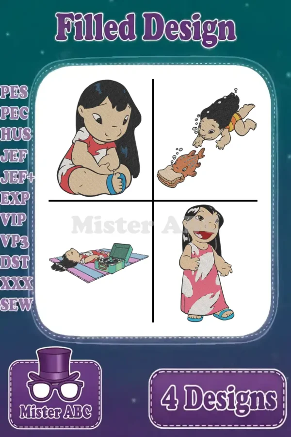 A compilation of four vibrant Lilo Pelekai filled embroidery designs from Disney's Lilo & Stitch, ready for various machines.