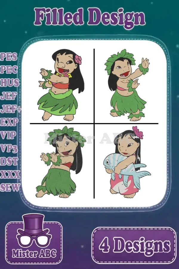 A vibrant collection of four Lilo embroidery designs, showcasing various hula poses and playful expressions, ready for stitching.