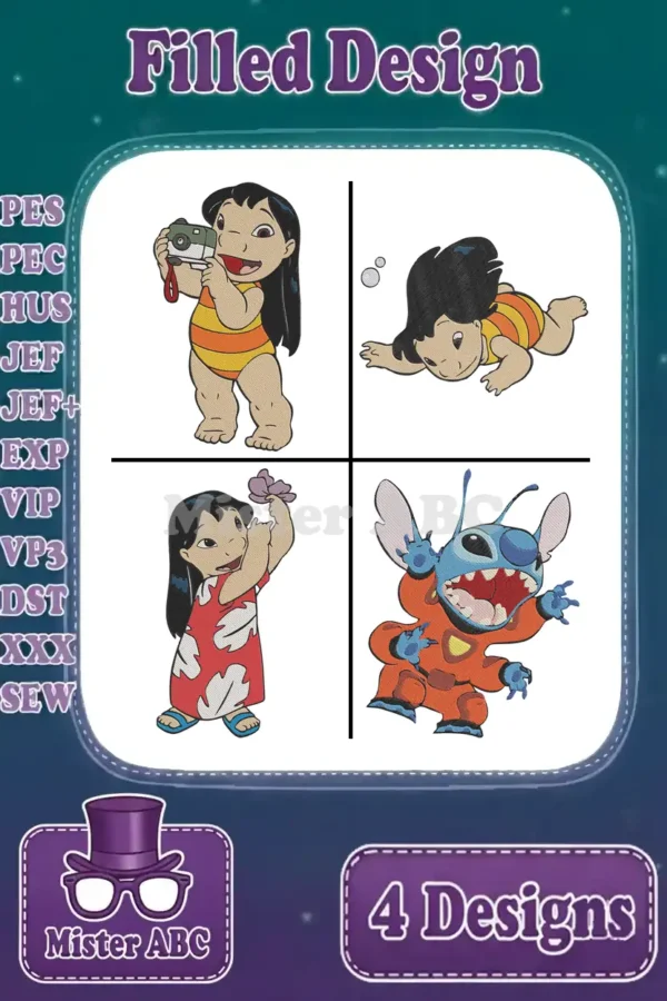 A vibrant Lilo & Stitch embroidery bundle showcasing Lilo with camera, crawling, holding flower, and Stitch in spacesuit.