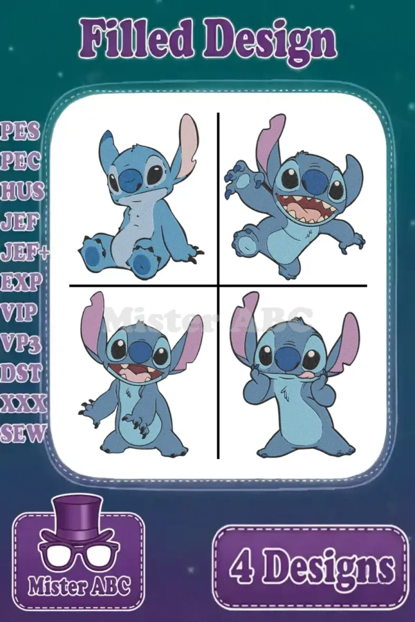 A vibrant collection of four unique Stitch filled embroidery designs, showcasing various playful poses and supported formats.