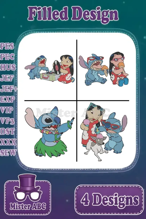 A vibrant main image showcasing four distinct filled embroidery designs of Lilo and Stitch in various playful scenes.
