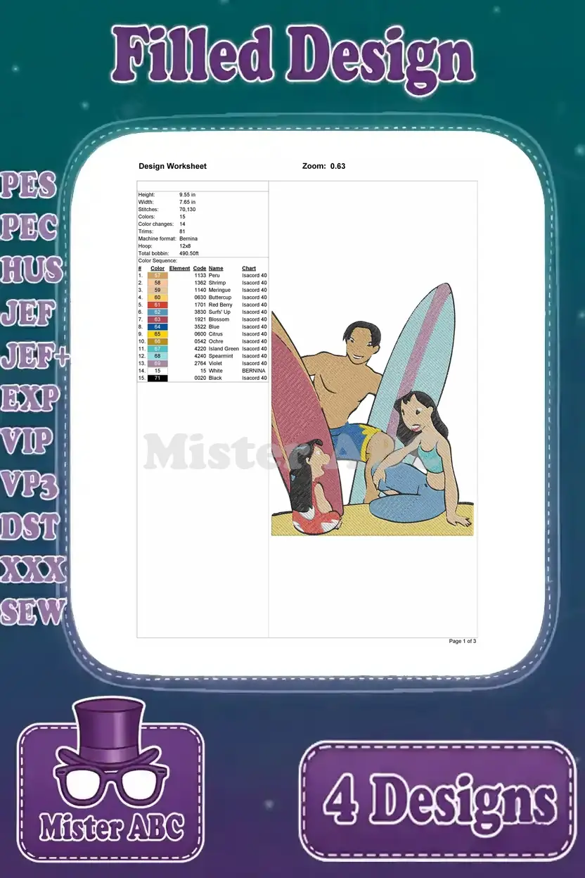 Embroidery design worksheet for Lilo and David with surfboards, detailing stitch count, dimensions, and thread colors.