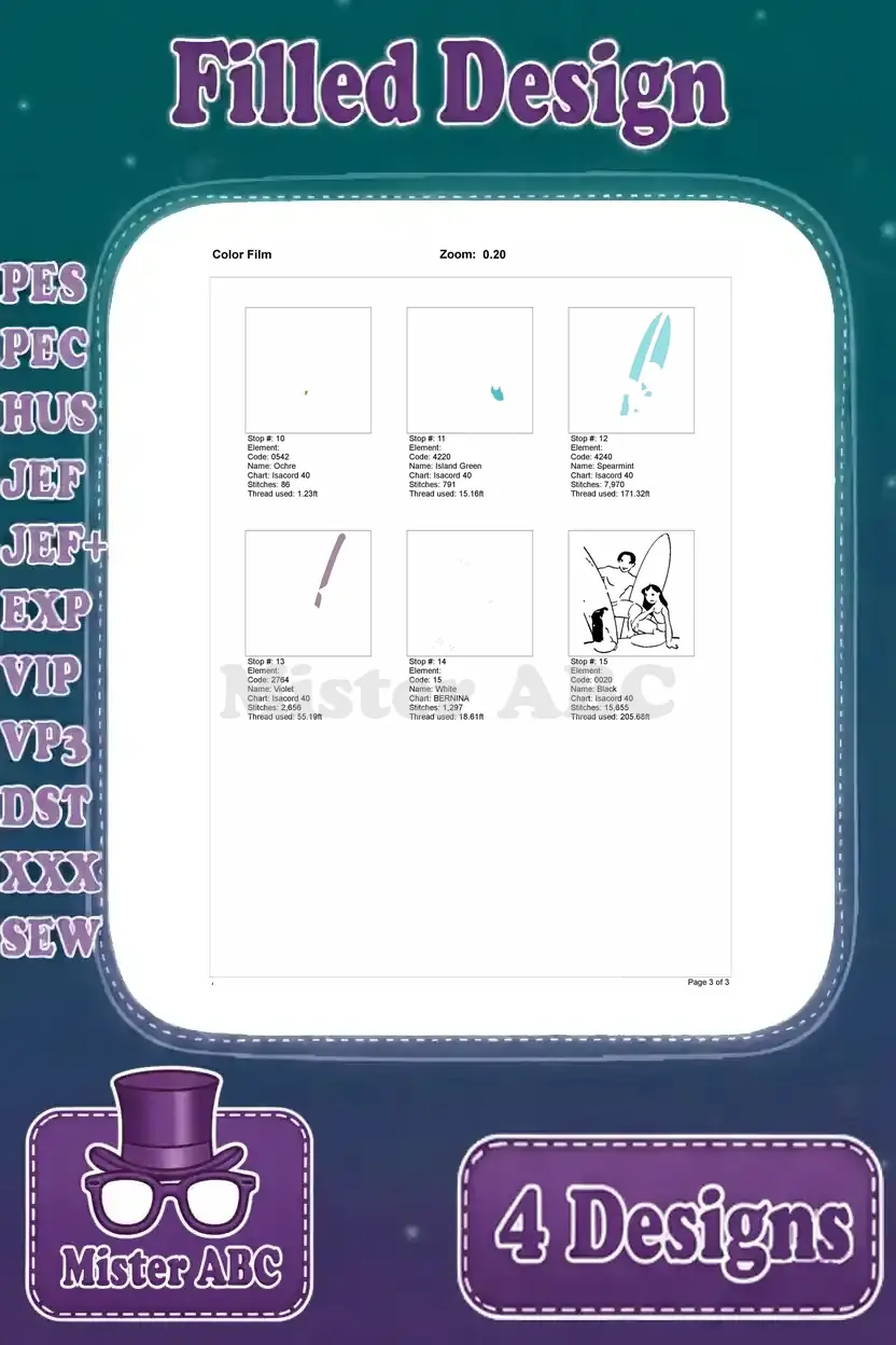 Second page of the color film for the Lilo and David surfing embroidery design, displaying middle stitch layers.