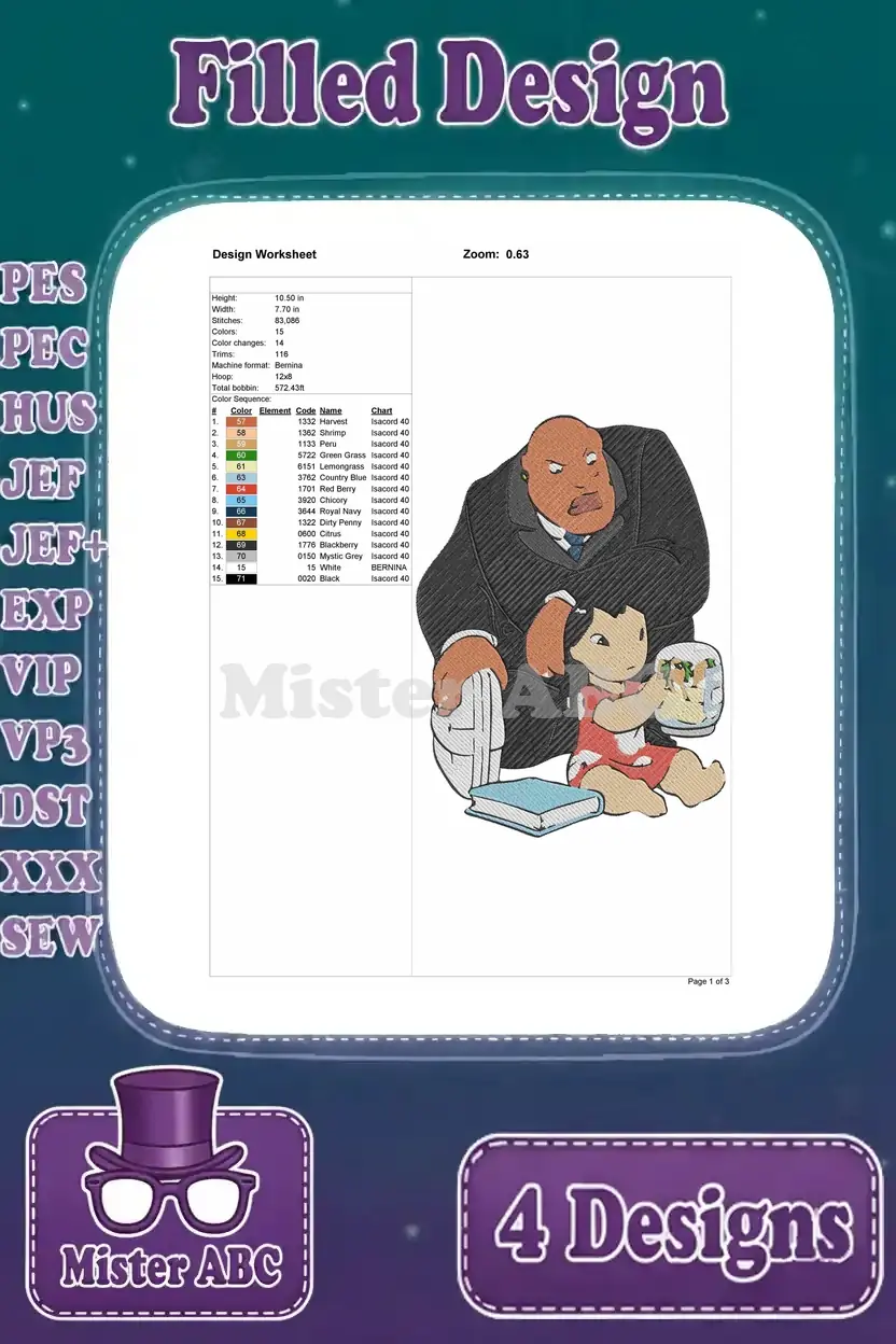 Embroidery design worksheet for Cobra Bubbles and Lilo, detailing stitch count, height, width, and colors.