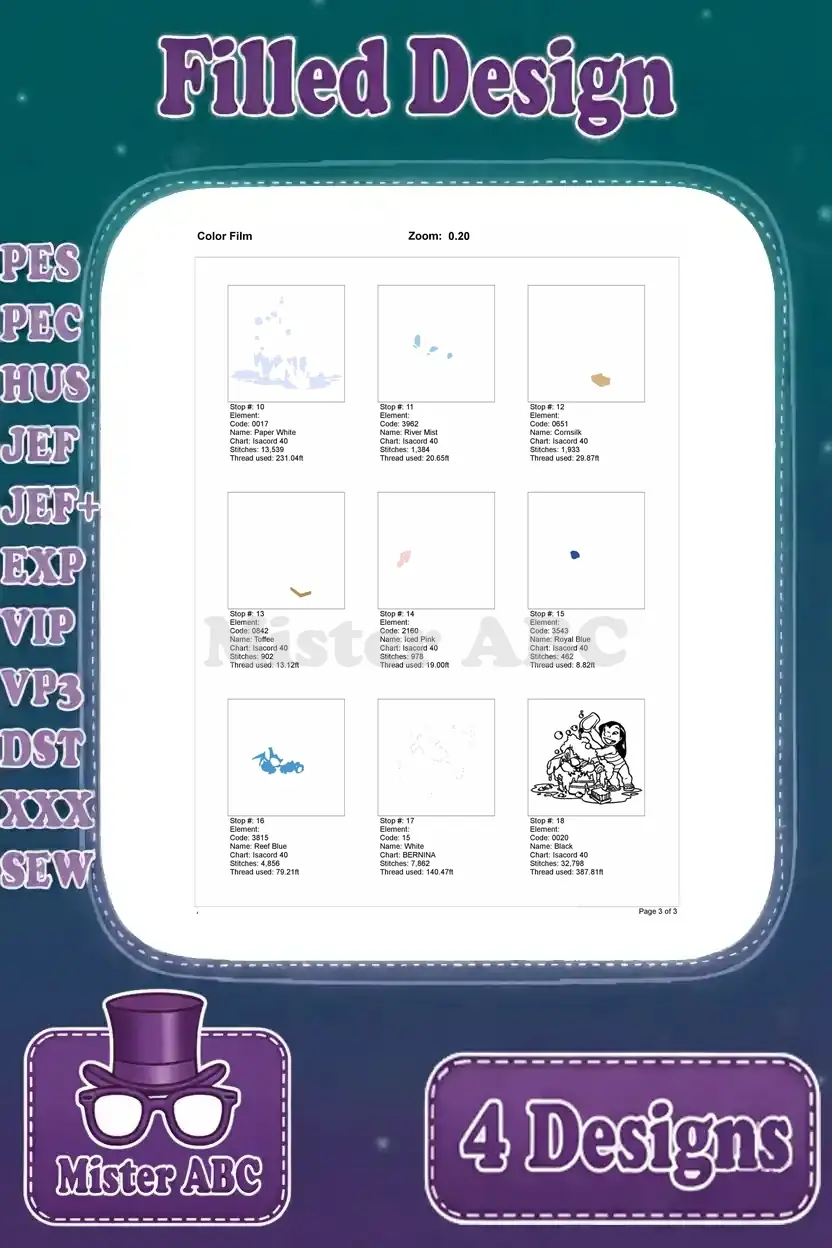 Second page of the color film for the Lilo and Stitch washing embroidery design, showing middle layers.