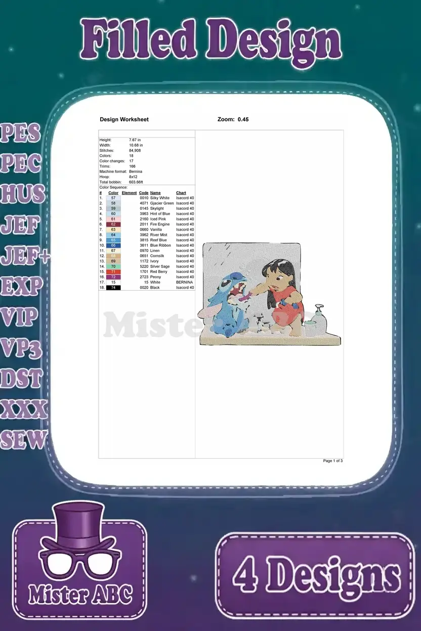 Embroidery design worksheet for Lilo and Stitch brushing teeth, detailing stitch count, size, and colors.