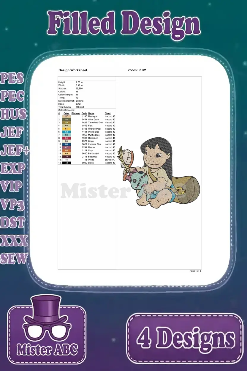Detailed design worksheet for the Lilo with Scrump embroidery design, displaying stitch count, dimensions, color changes, and thread chart for precise crafting.