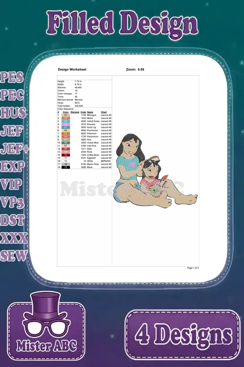 Design worksheet for a Lilo and Nani beach scene embroidery, detailing dimensions, stitch count, and color sequence.