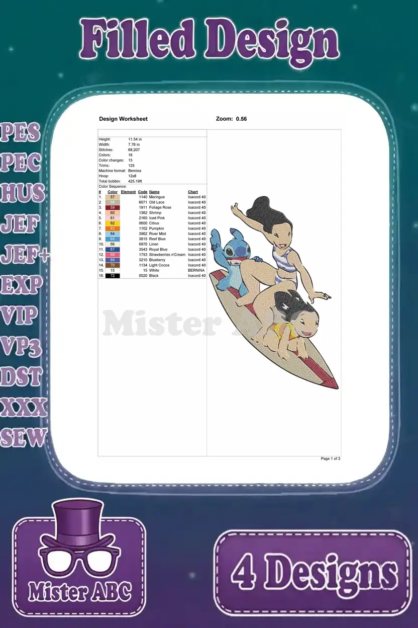 Design worksheet for the Lilo, Nani, and Stitch surfing embroidery, detailing dimensions, stitch count, and colors.