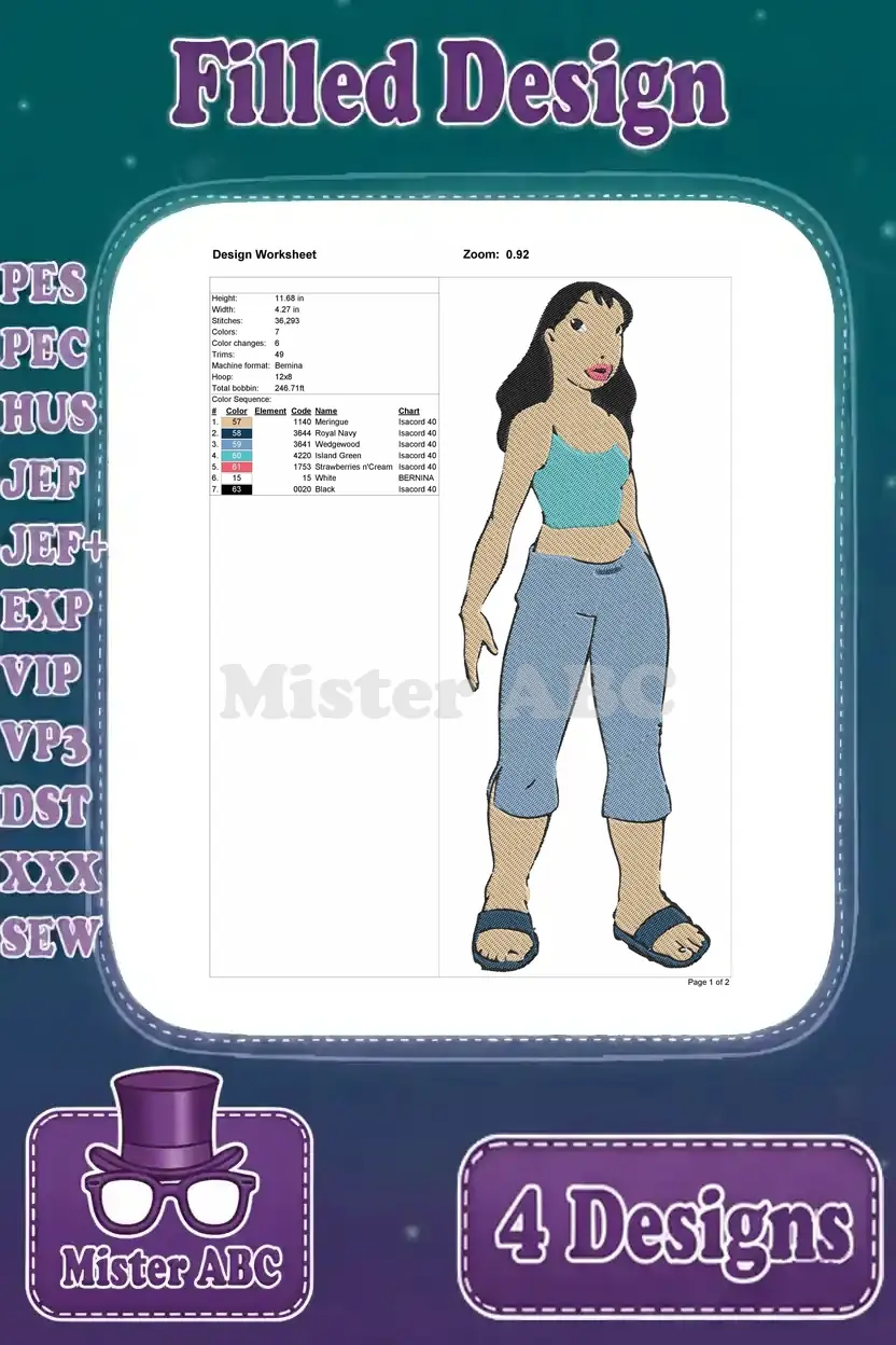 Design worksheet for Lilo Pelekai's filled embroidery, showing dimensions, stitch count, and color sequence details.