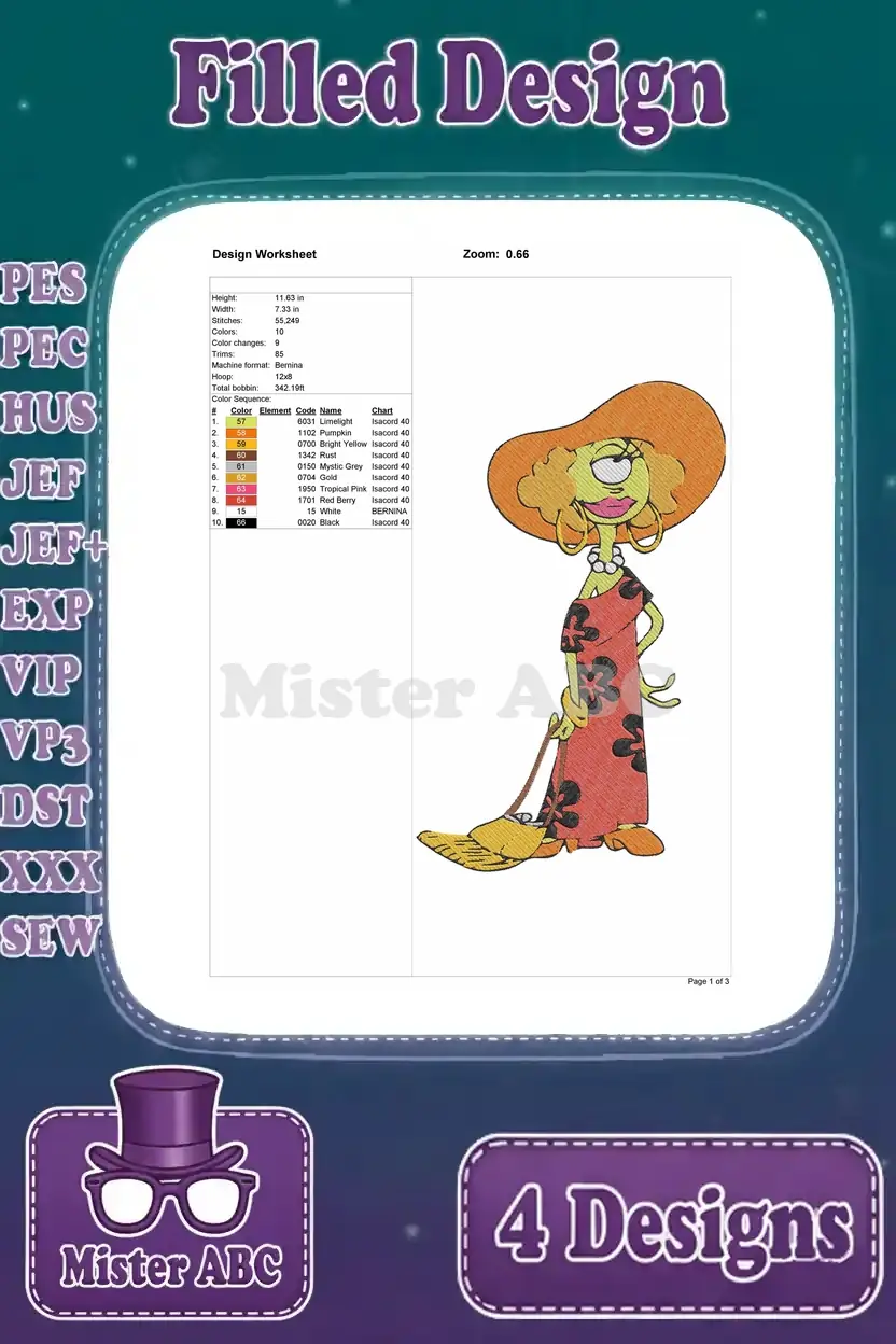 Design worksheet for Ms. Frizzle's filled embroidery, detailing dimensions, stitch count, and thread colors.
